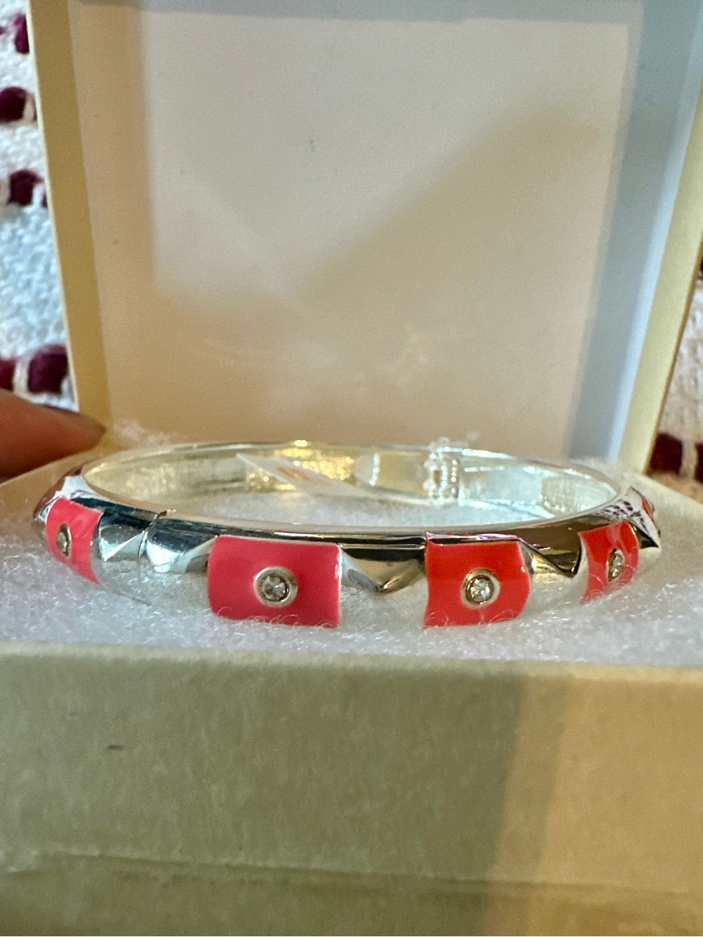Sequin Silver Bracelet with Coral Pink Accents and Crystal Stones pointing NIB
